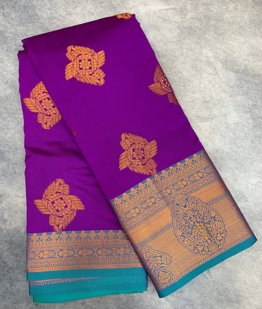 Soft Silk Casual Saree Purple Colour with Rama Green and Golden Colour Border