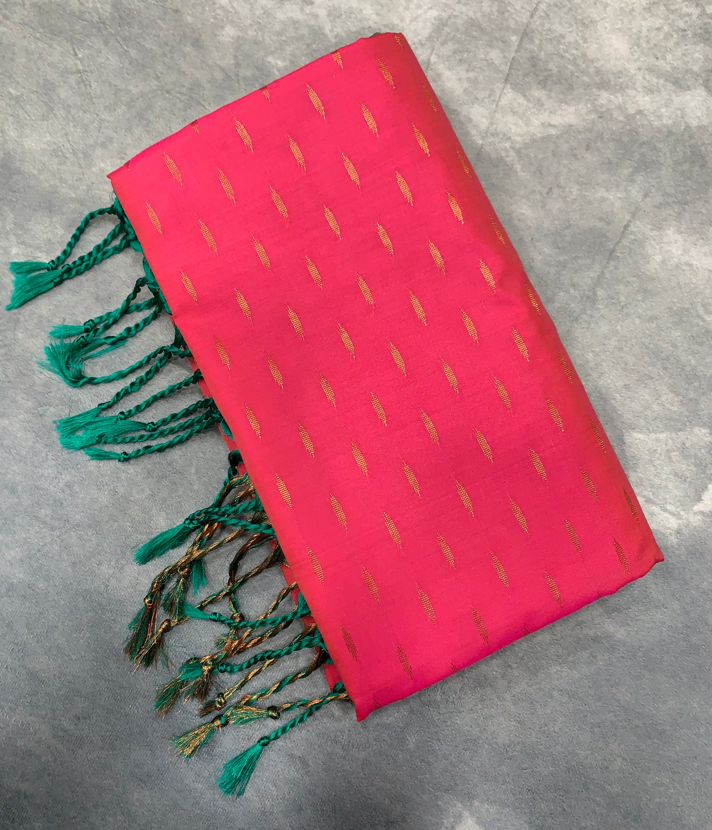 Soft Vegan Silk Saree Rani Pink Colour with Green and Copper Border
