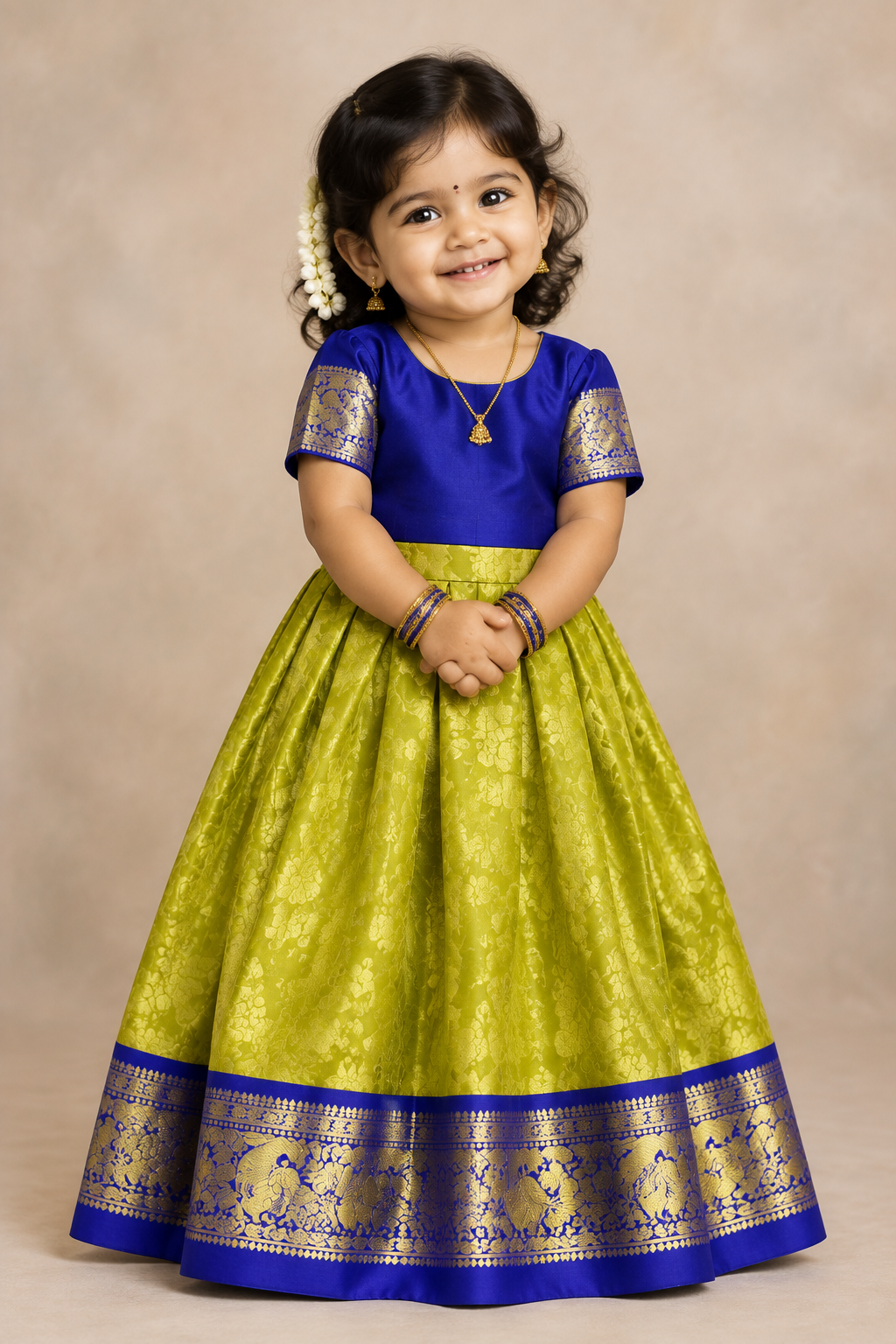 Yellow Shade Pure Kanchipuram Kids Pattu Pavadai with Contrast Border for Newborn to 2 Years
