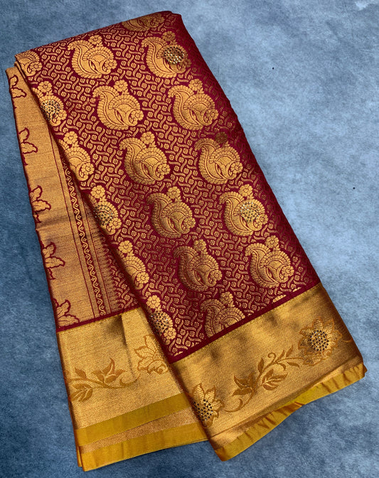Vegan Silk Saree Maroon Colour with Copper and Golden Yellow Border