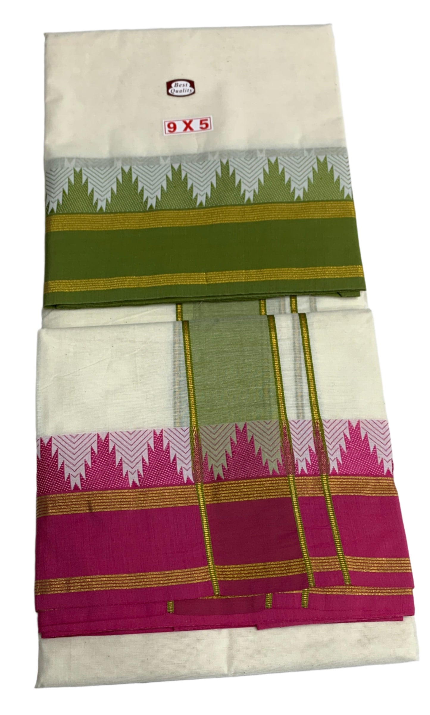 9X5 Cotton Unbleached Dhoti with Angavastram with Olive Green and Pink Border
