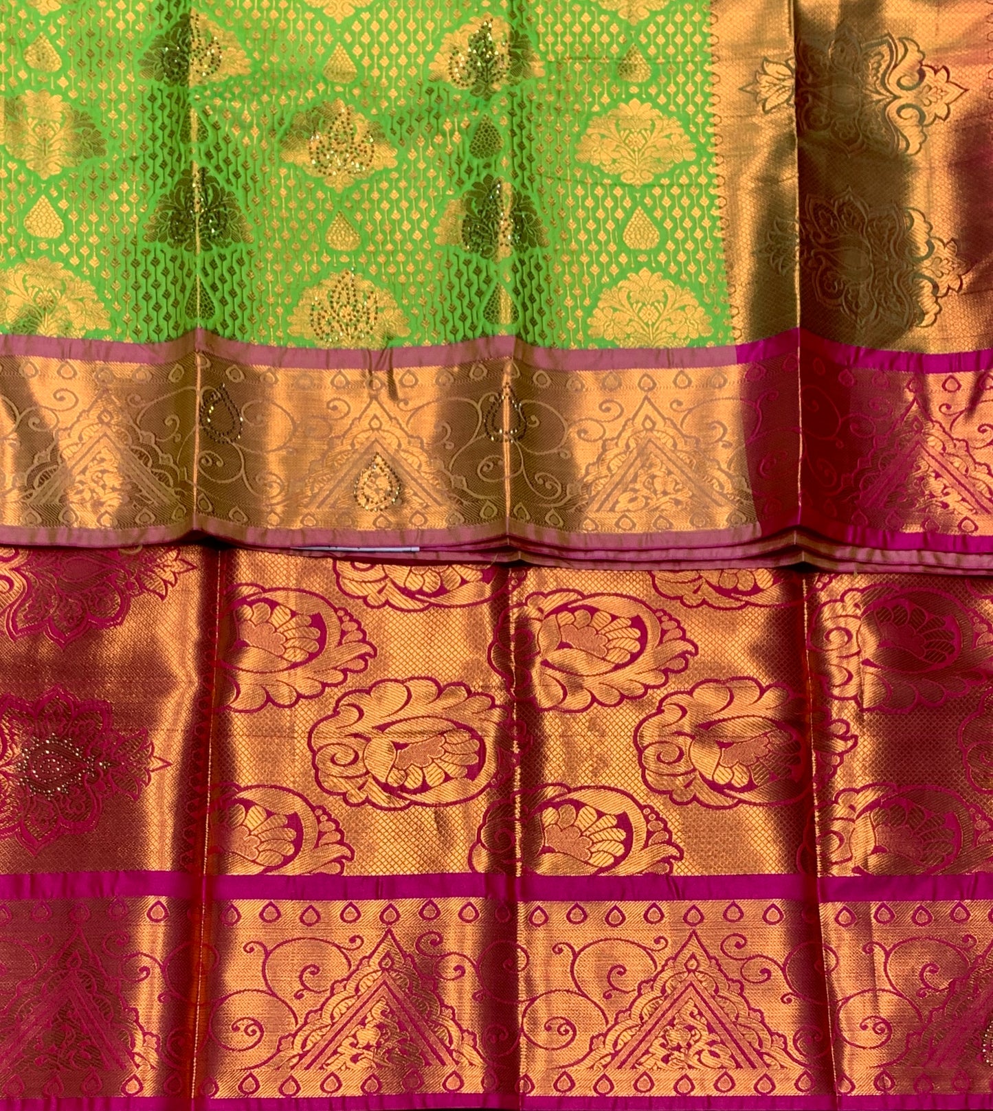 Vegan Silk Saree Light Green Colour with Copper and Pink Border