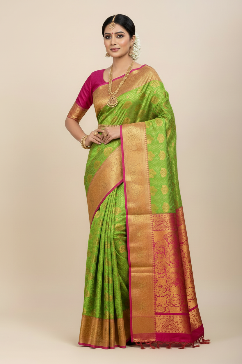 Vegan Silk Saree Light Green Colour with Copper and Pink Border