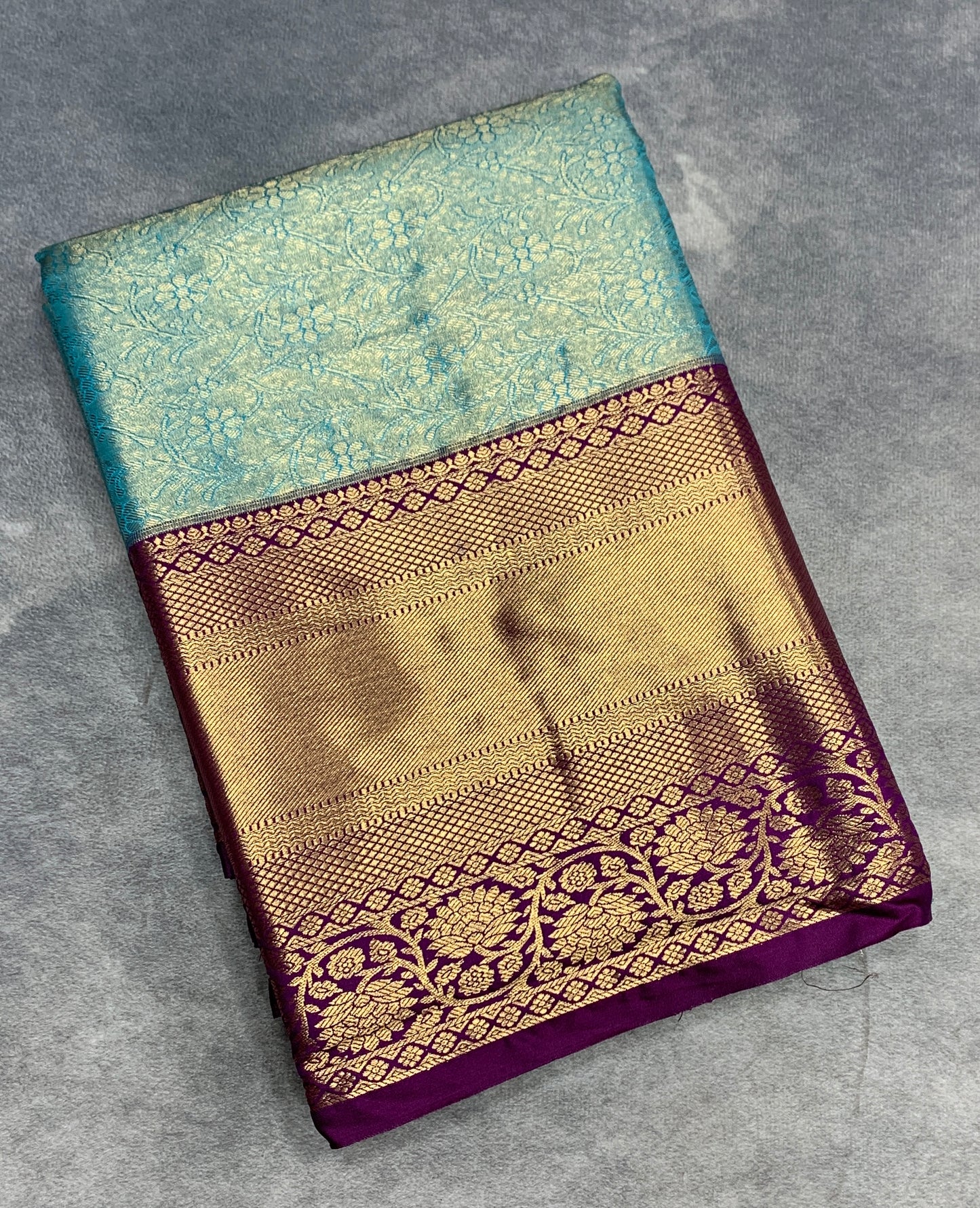 Fancy Tissue Saree Sapphire Colour with Magenta Colour Floral Design Border