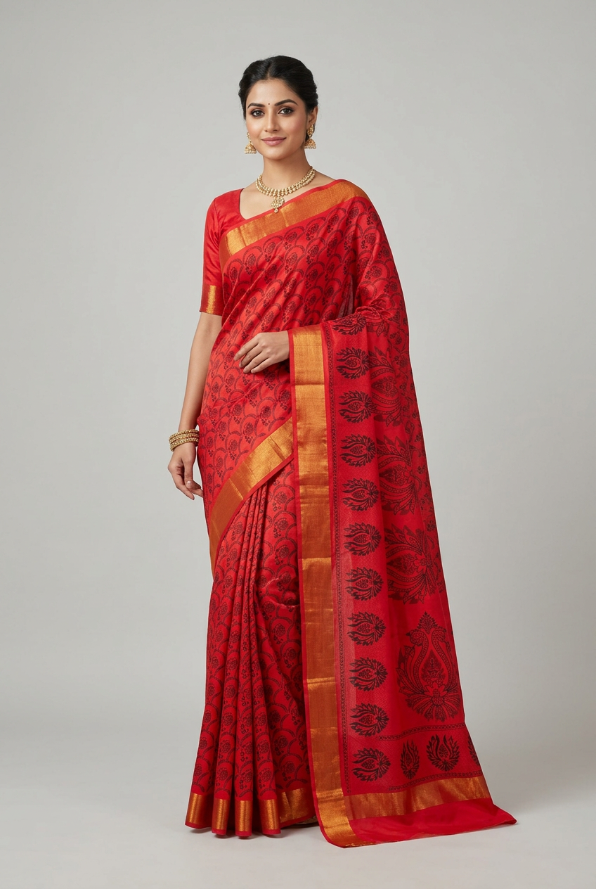 Fancy Cotton Saree Red Colour with Copper Border