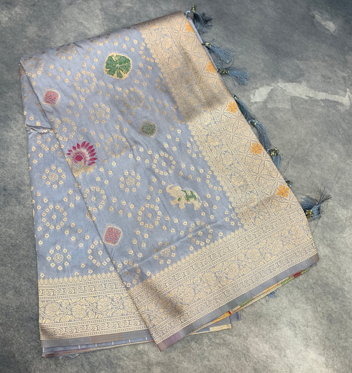 Banaras Soft Silk Saree Gray Colour with Sliver Colour Floral Design Border