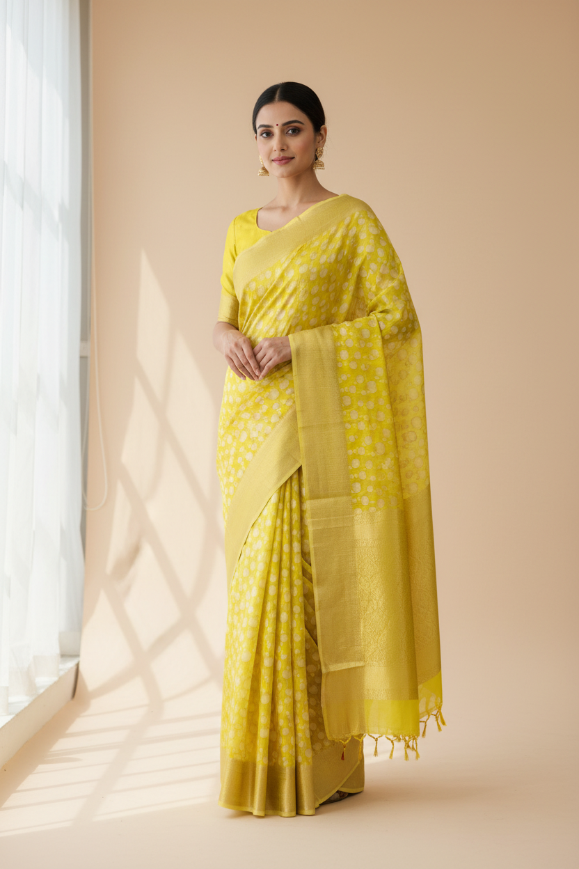 Banaras Katan Saree Yellow Colour with Katan Work Border