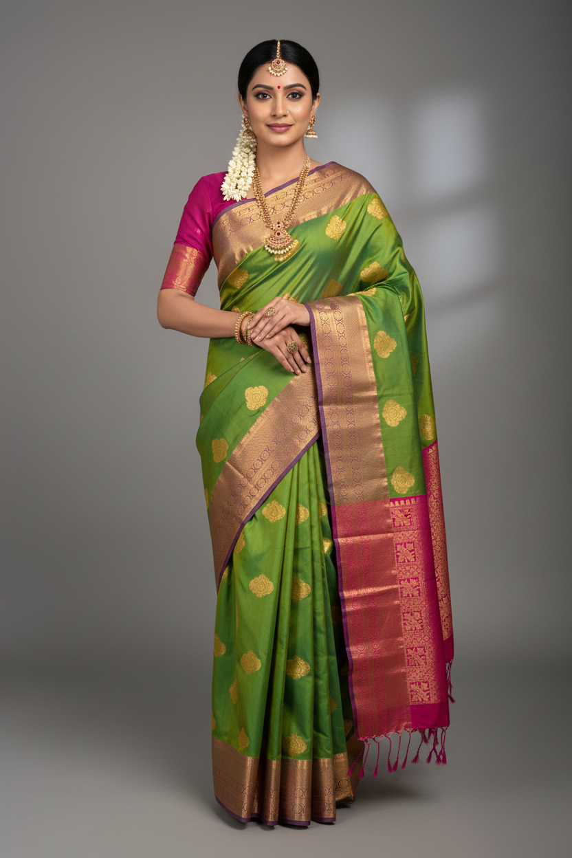 Soft Vegan Silk Saree Light Green Colour with Pink and Copper Border
