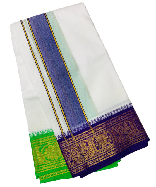 9X5 Cotton Dhoti White Colour with Blue and Light Green Border