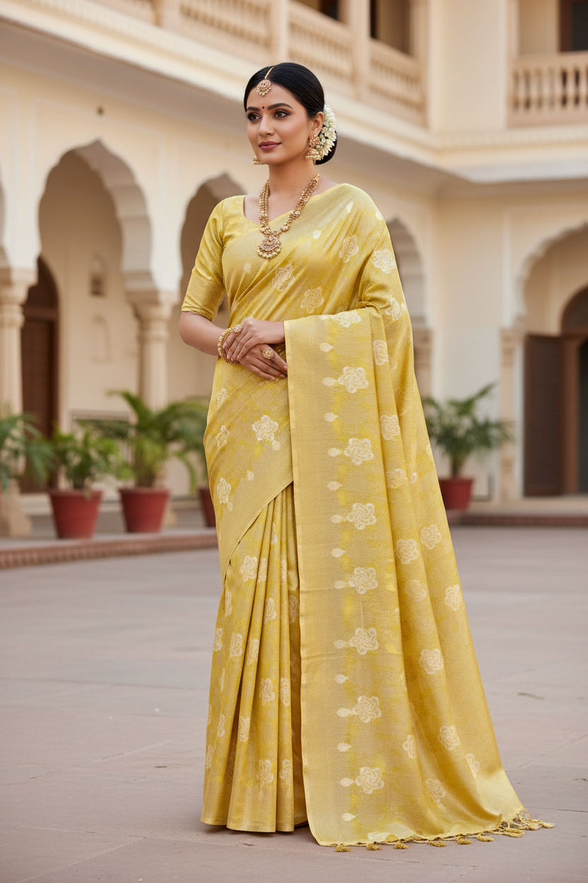 Banaras Katan Saree Yellow Colour with Katan Work Border