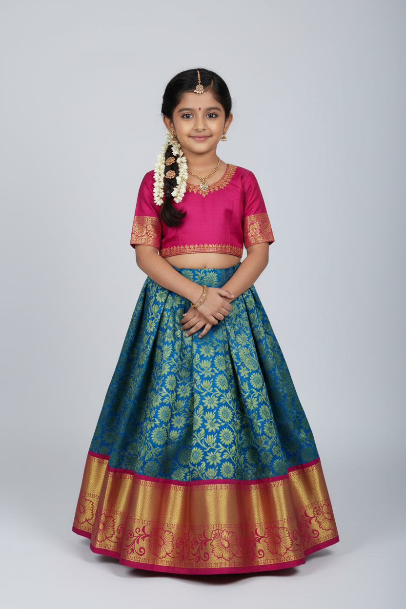 Blue shade Vegan Silk Kids Pattu Pavadai with Contrast border for age above 10 years