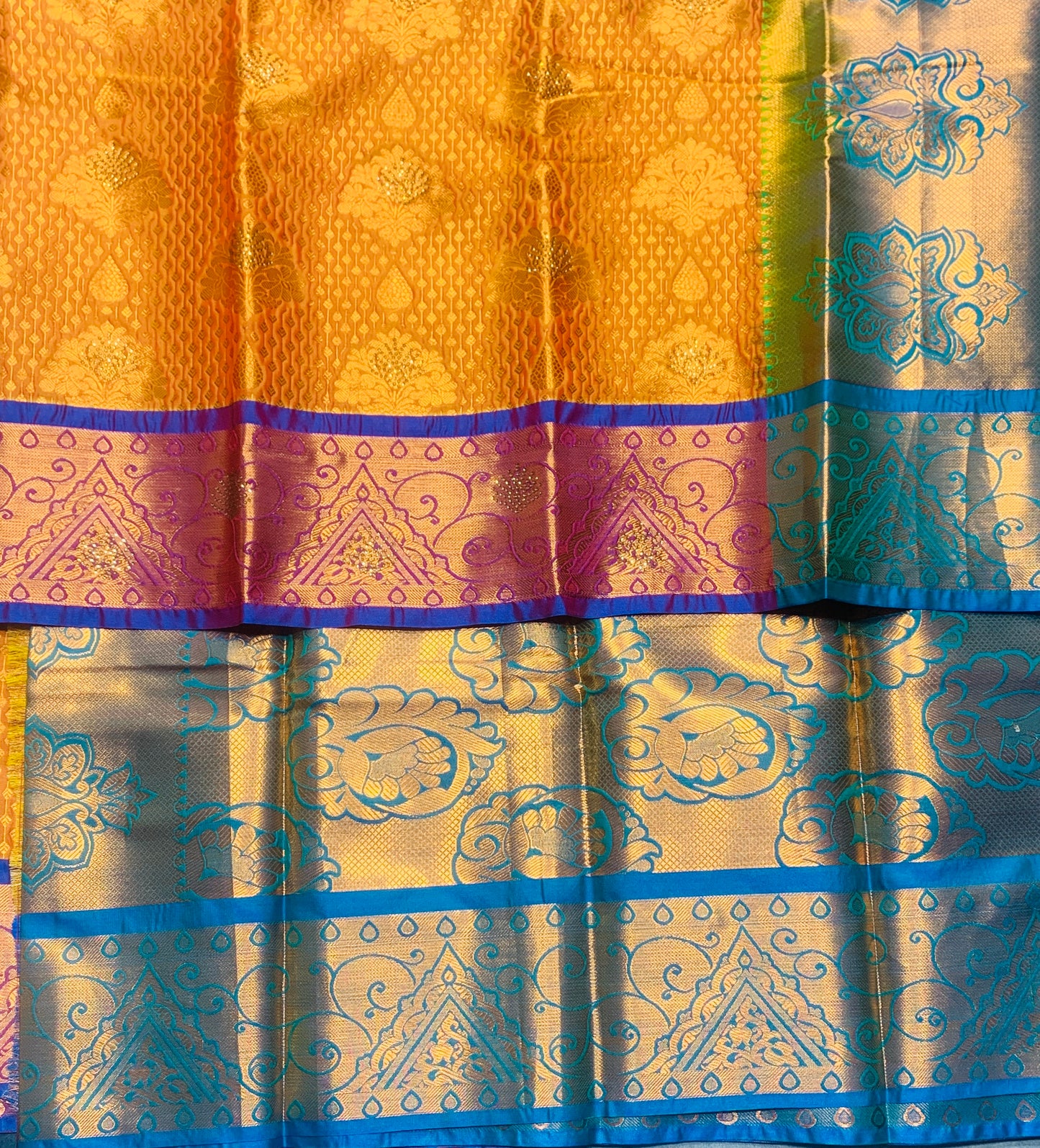 Vegan Silk Saree Mustard Colour with Copper and Blue Border