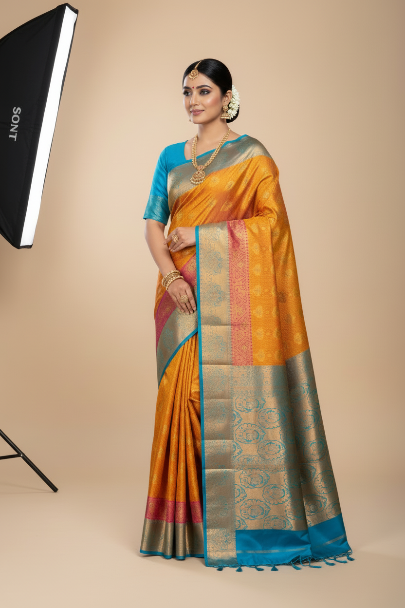 Vegan Silk Saree Mustard Colour with Copper and Blue Border
