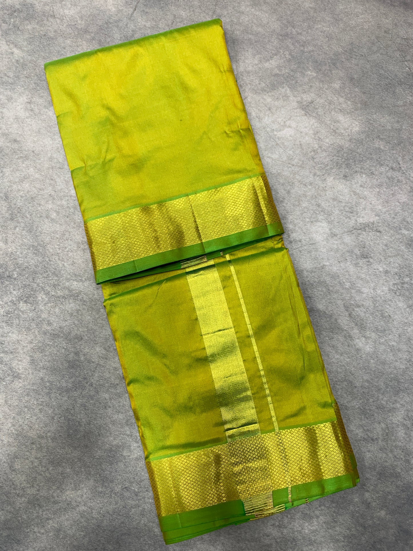 9X5 Pure Silk Dhoti Parrot green with Large Golden Zari Border