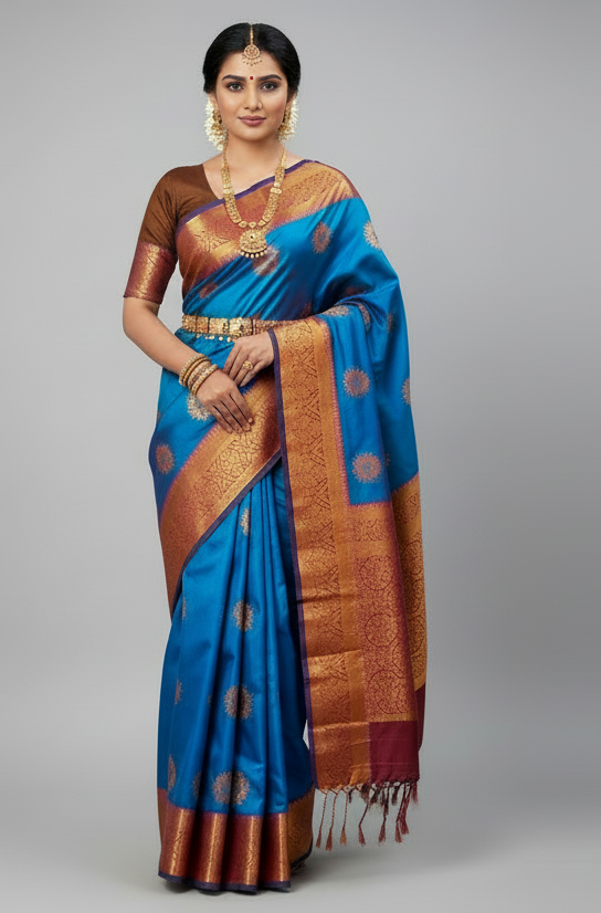 Soft Vegan Silk Saree Blue Colour with Brown and Copper Border