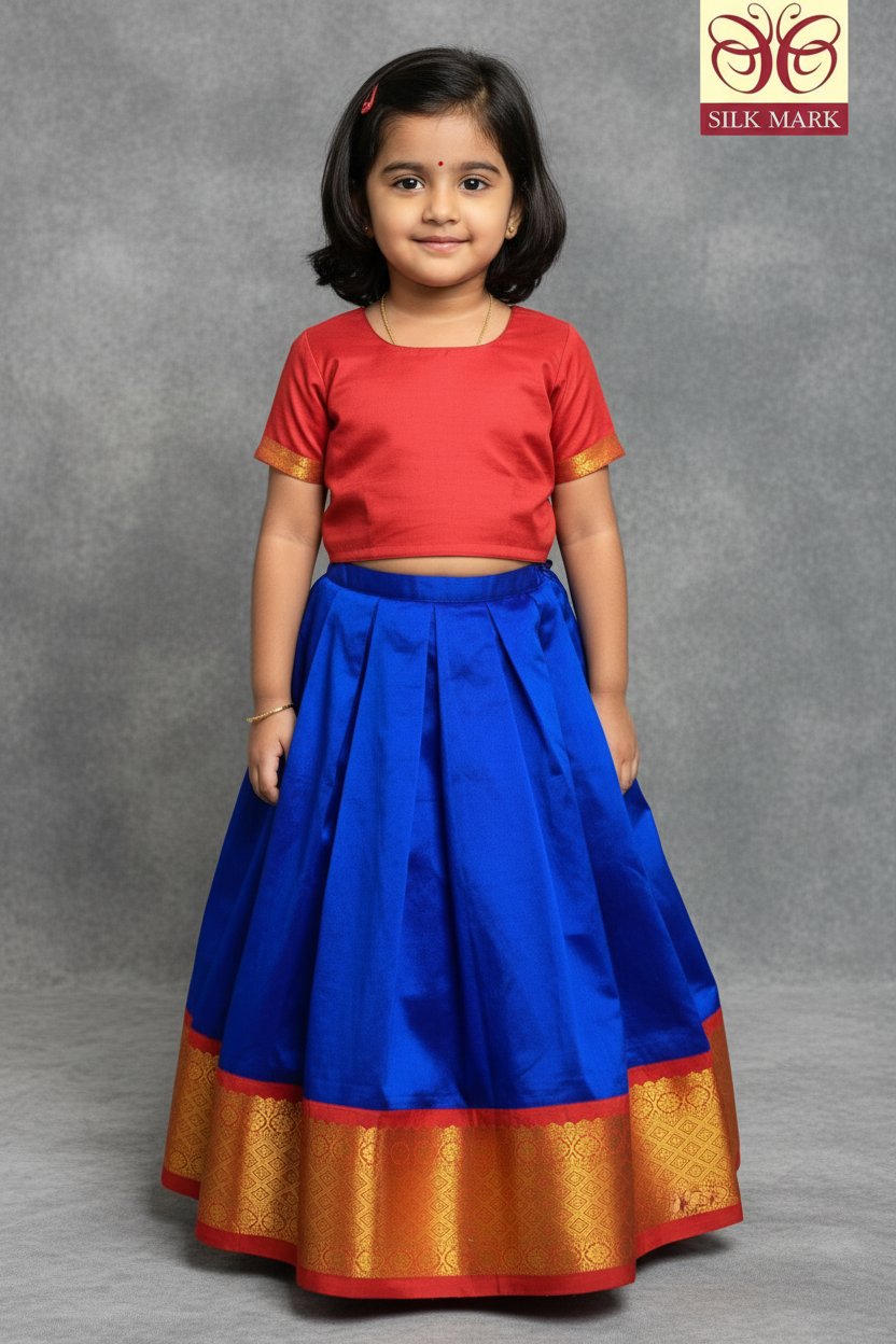 Blue shade Pure Kanchipuram Kids Pattu Pavadai with Contrast Border for Newborn to 2 Years