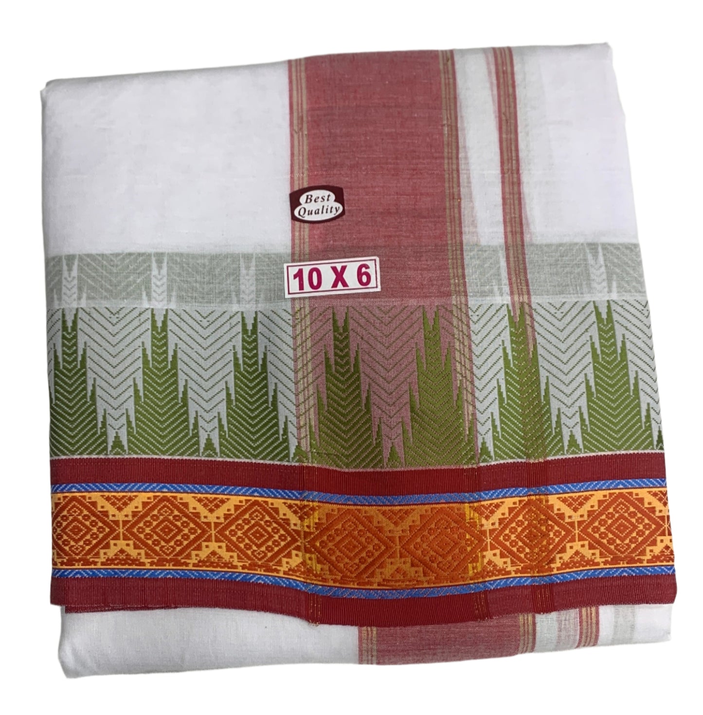 10X6 Cotton Dhoti White Colour with Green and Maroon Border