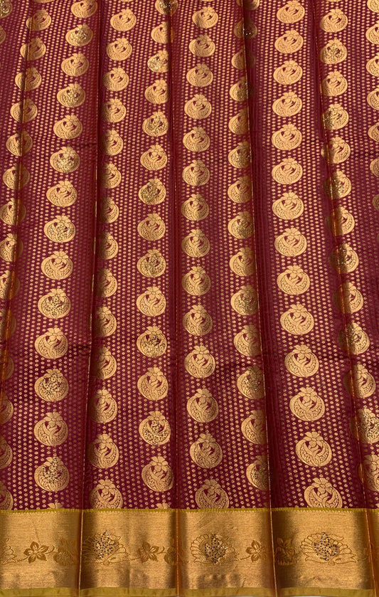 Vegan Silk Saree Maroon Colour with Golden and Golden Yellow Border