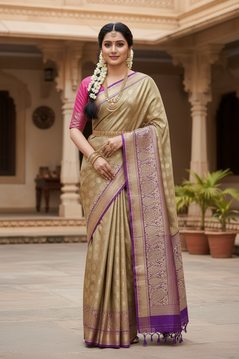 Vegan Silk Saree Mustard Colour with Pink and Copper Border