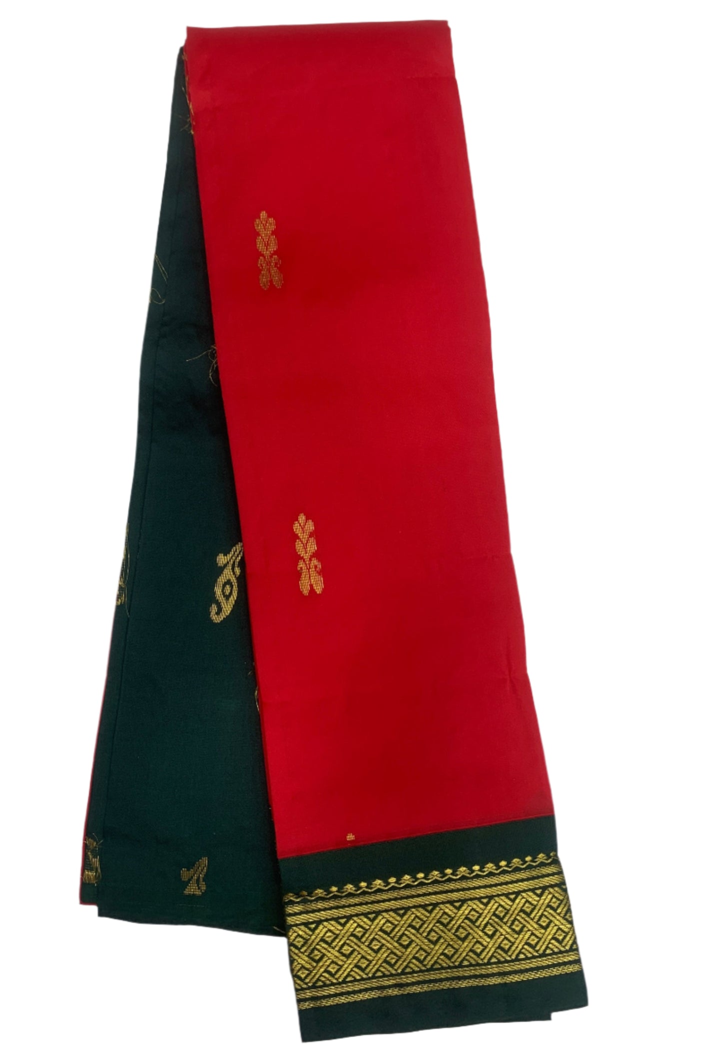 Semi Silk Saree Red Colour with Green and Gold Zari Border