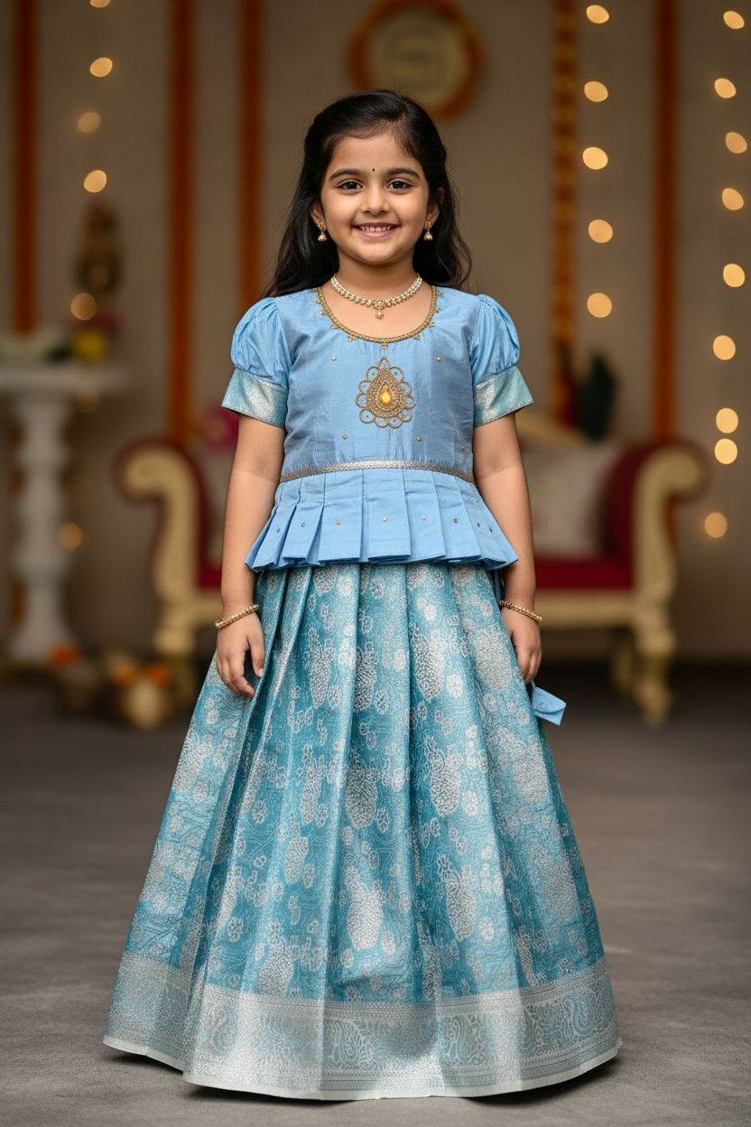 Ready To Wear Sky Blue Colour Pavadai with Contrast Blue Colour Blouse