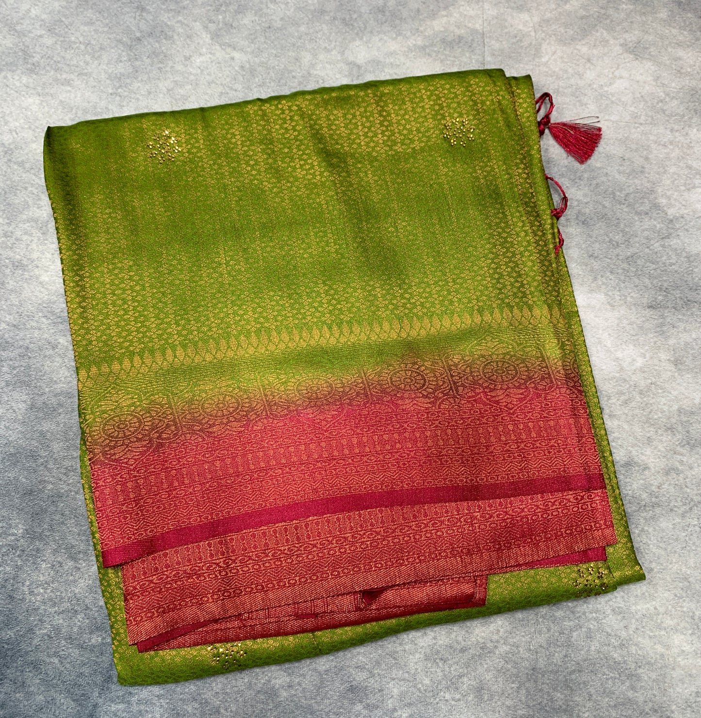 Soft Silk Saree Olive Green Colour and Stone Work with Pink Colour Pallu