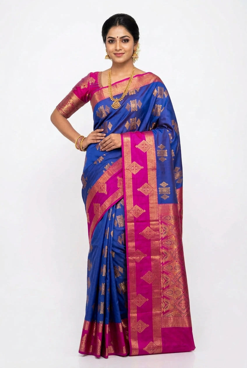 Soft Silk Casual Saree Ink Blue with Rettai Pettu Magenta Colour Border