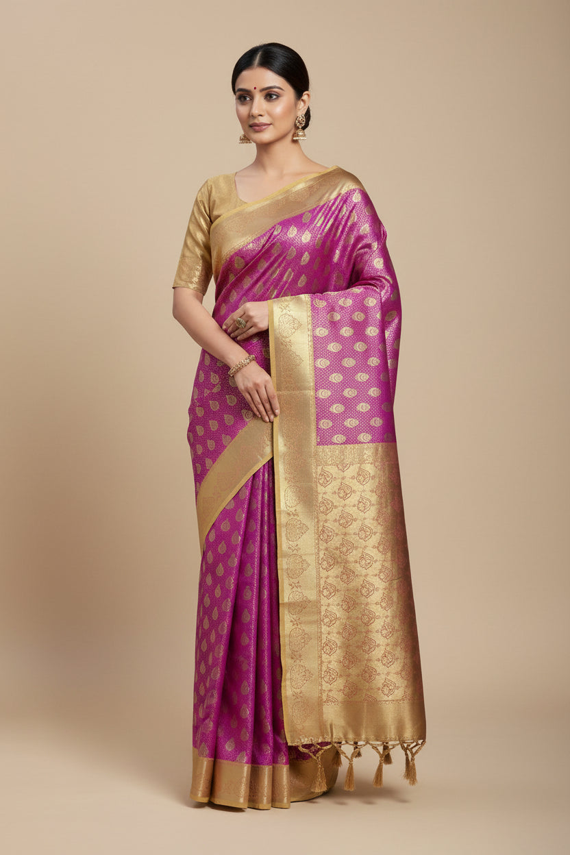 Vegan Silk Saree Pink Colour with Golden Yellow and Copper Border