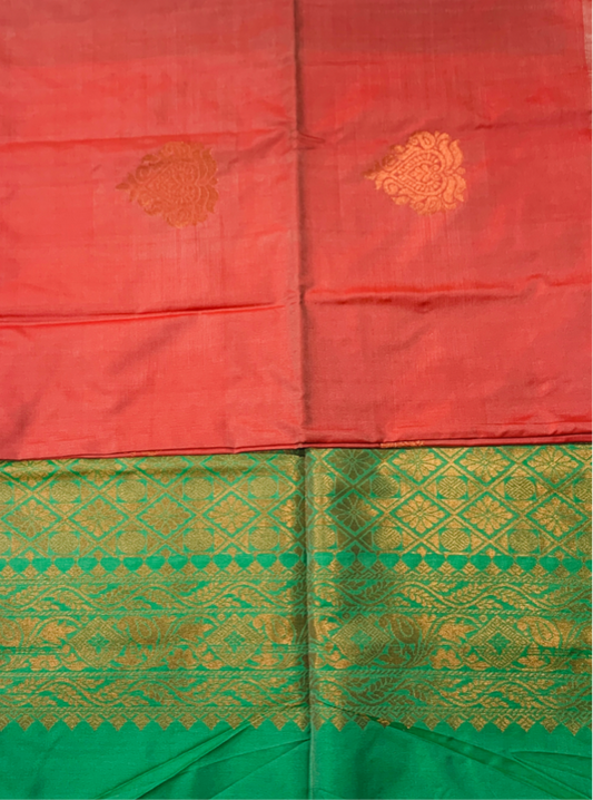 Soft Vegan Silk Saree Brownish Orange with Green Pallu