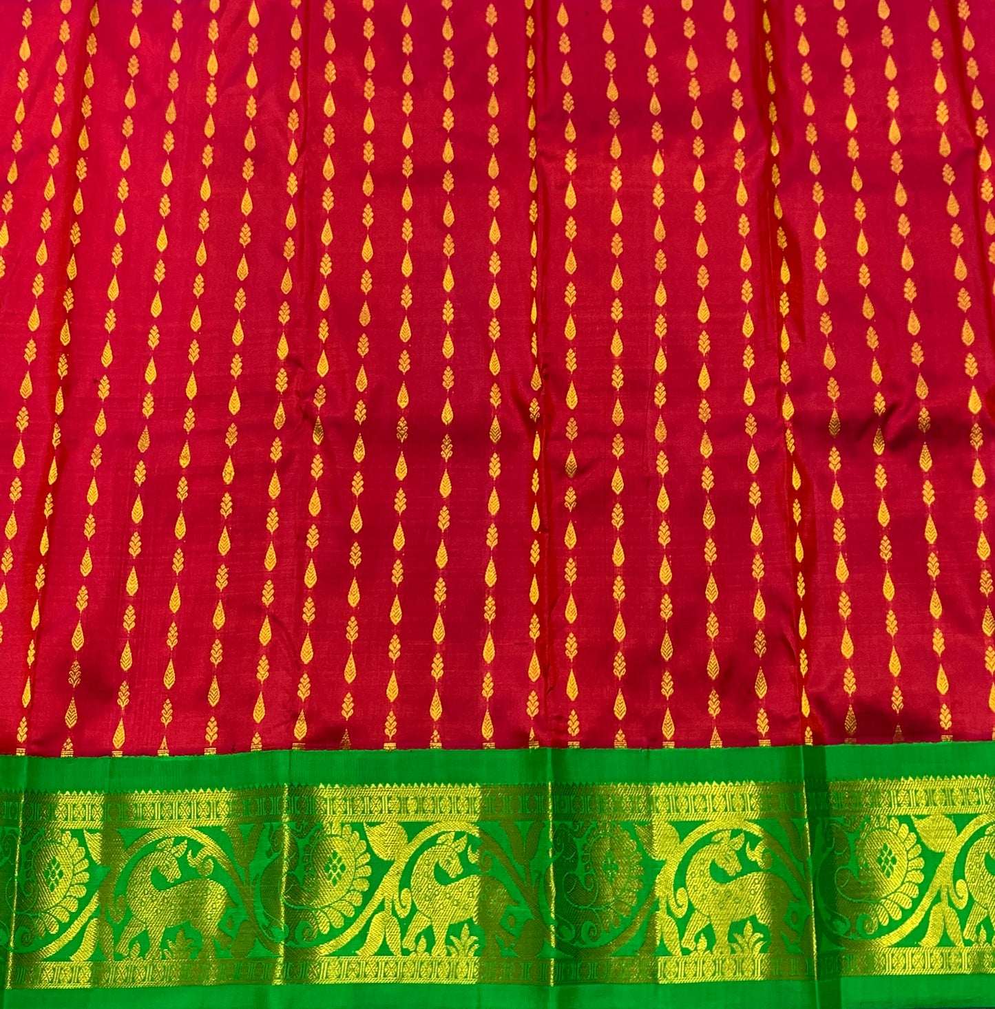Red Shade Pure Kanchipuram Kids Pattu Pavadai with Contrast Border for Newborn to 2 Years