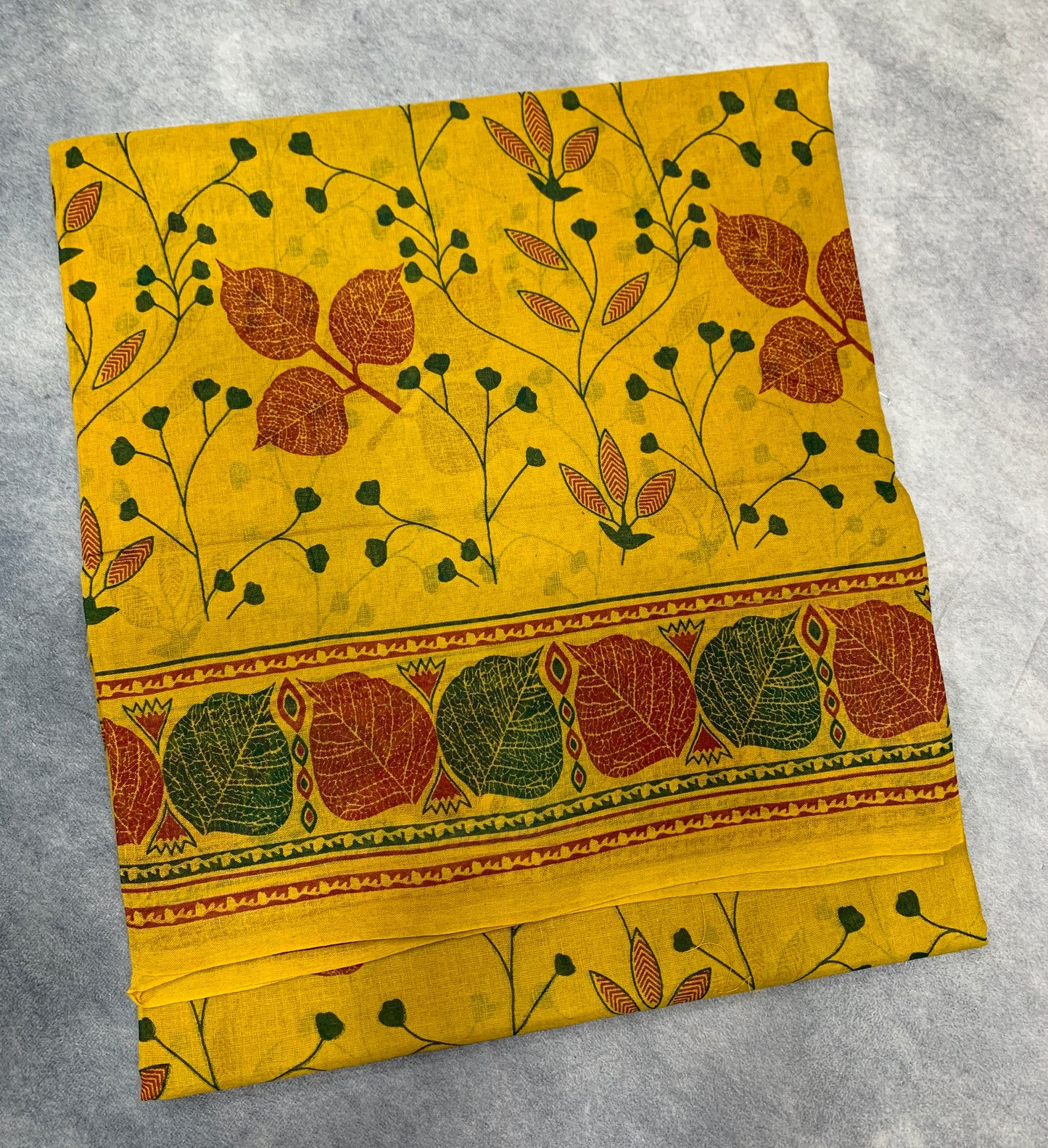 Chettinad Sungudi Cotton Mustard Yellow Colour with Leaf Design Border