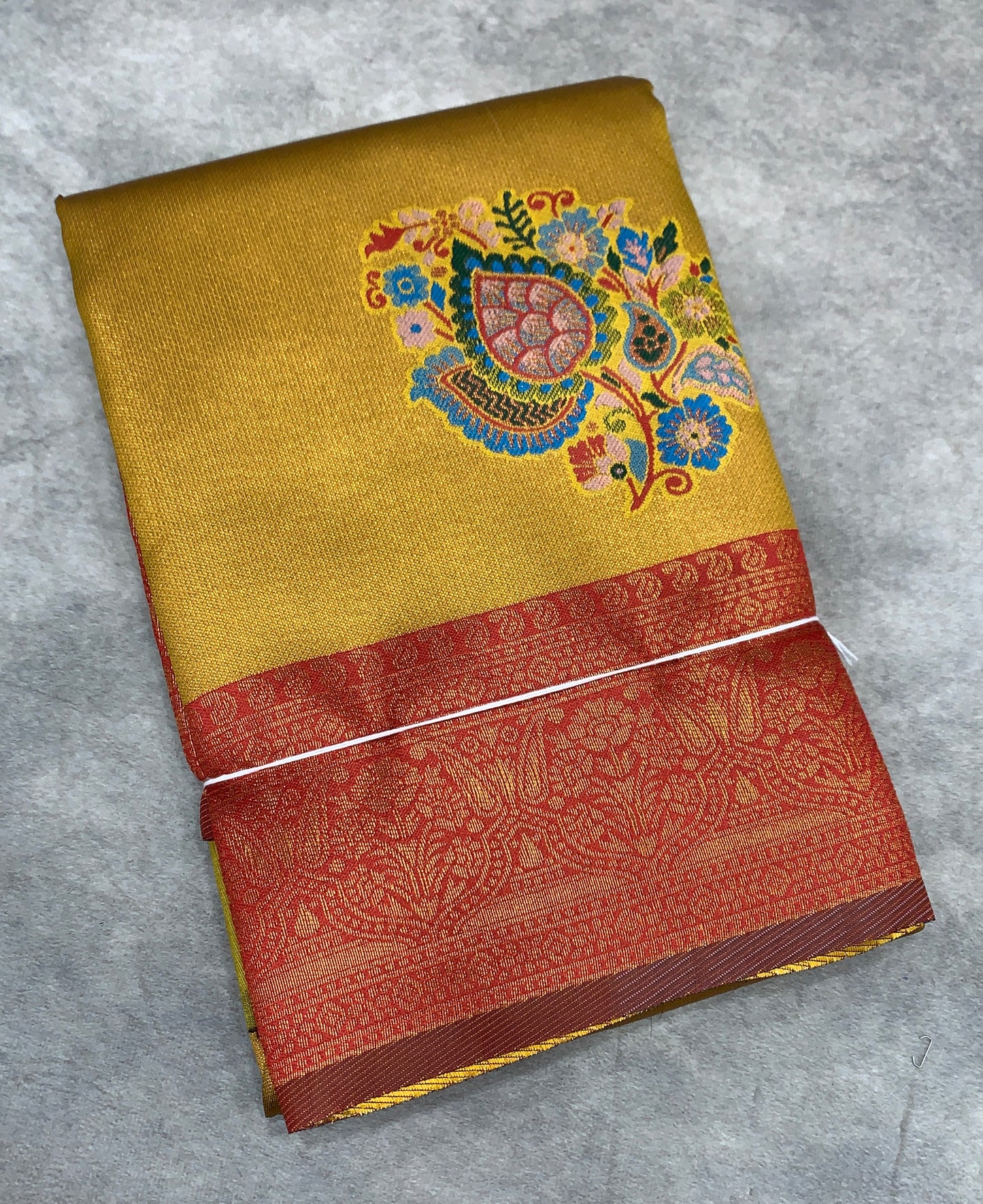 Fancy Tissue Saree Mustard Colour with Maroon Border