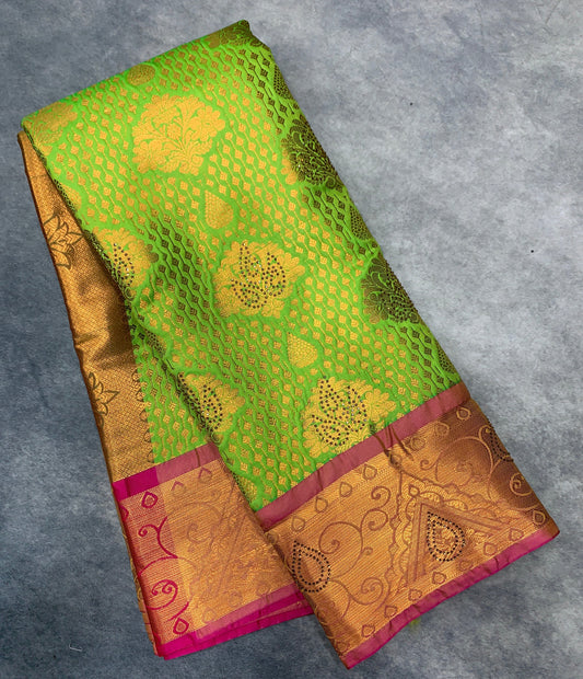 Vegan Silk Saree Light Green Colour with Copper and Pink Border