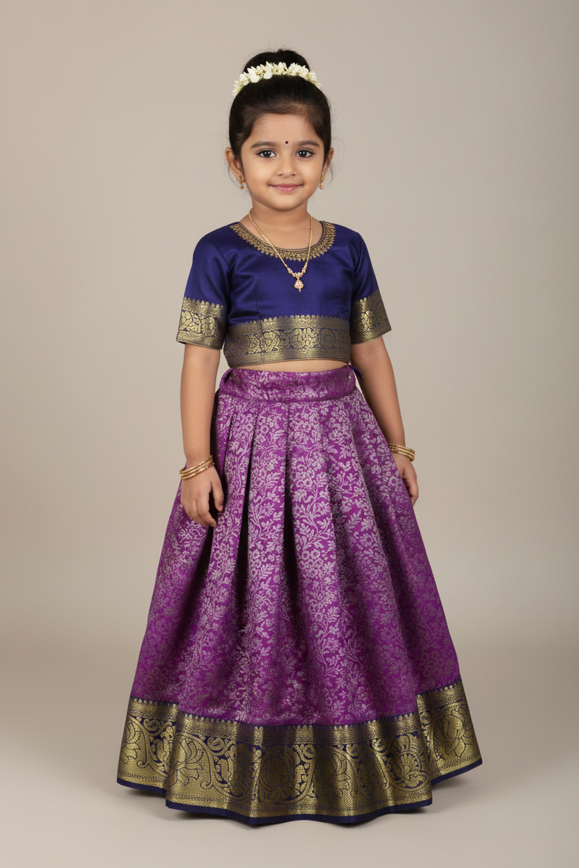 Lavender Shade Vegan Silk Kids Pattu Pavadai with Contrast Border for Newborn to 2 Years