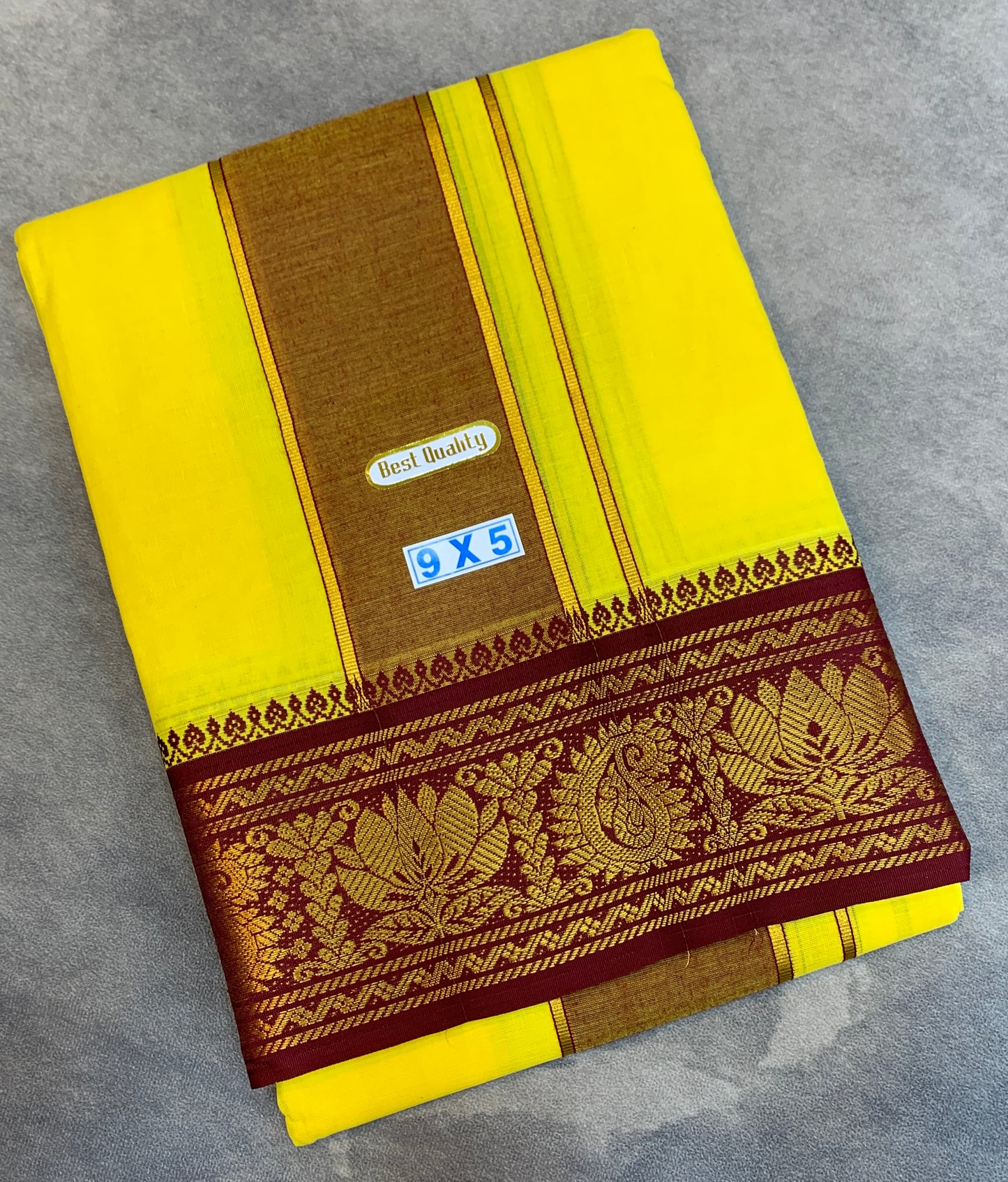9X5 Cotton Dhoti Yellow Maroon and Green Zari Border with Angavastram