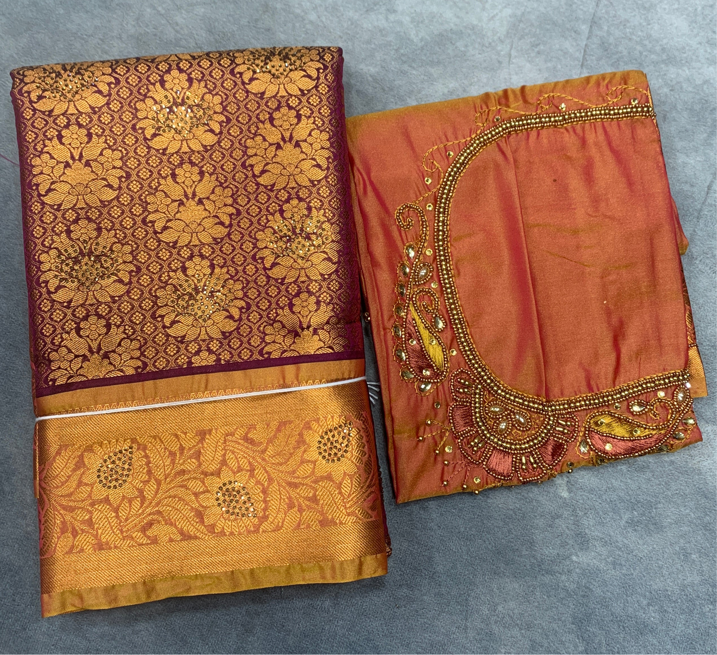 Bridal Vegan Silk Saree Beetroot Pink shade with Golden Yellow Border with Unstitched blouse in Aari Work