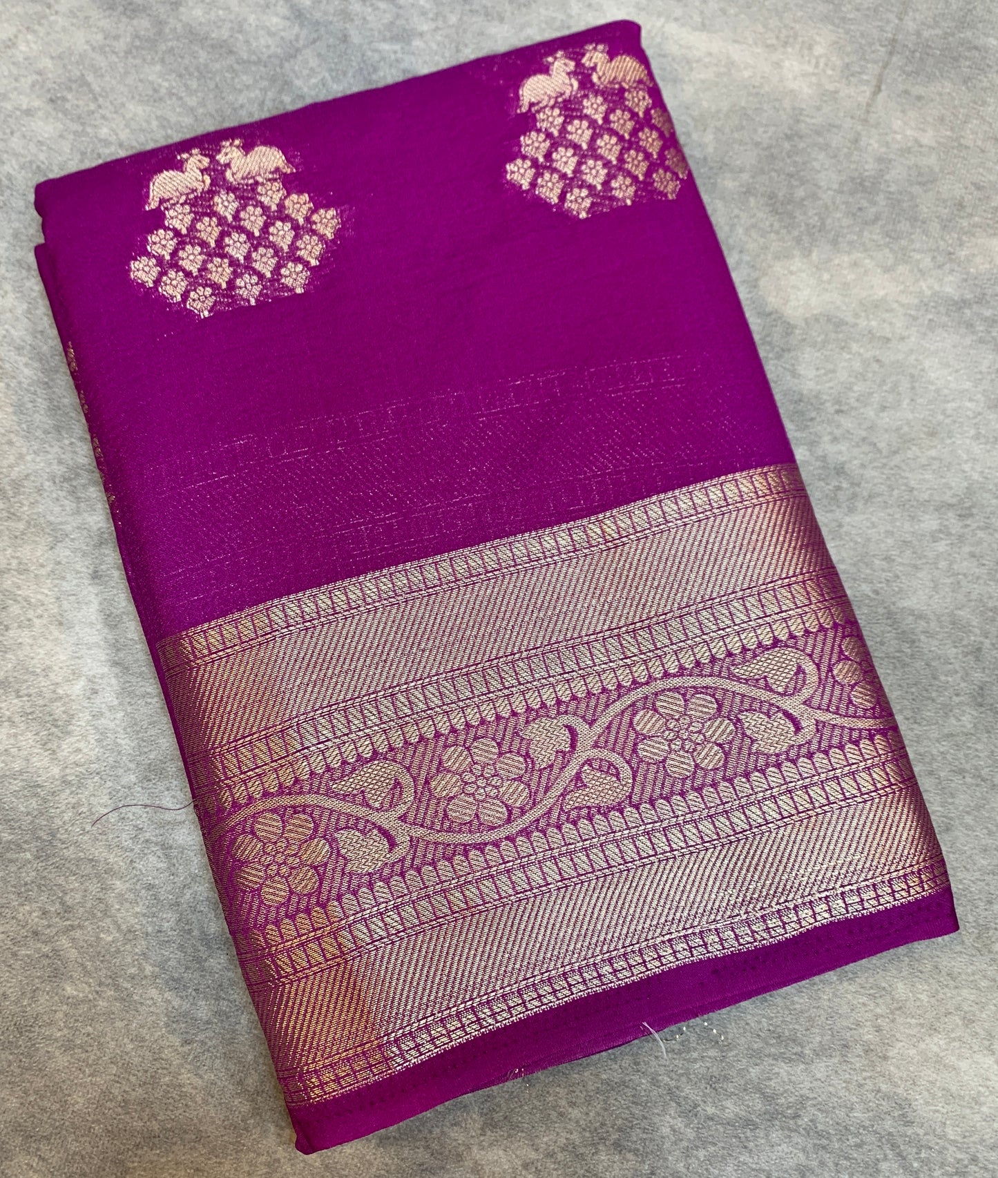 Crepe Saree Magenta Colour with Sliver Zari work Border