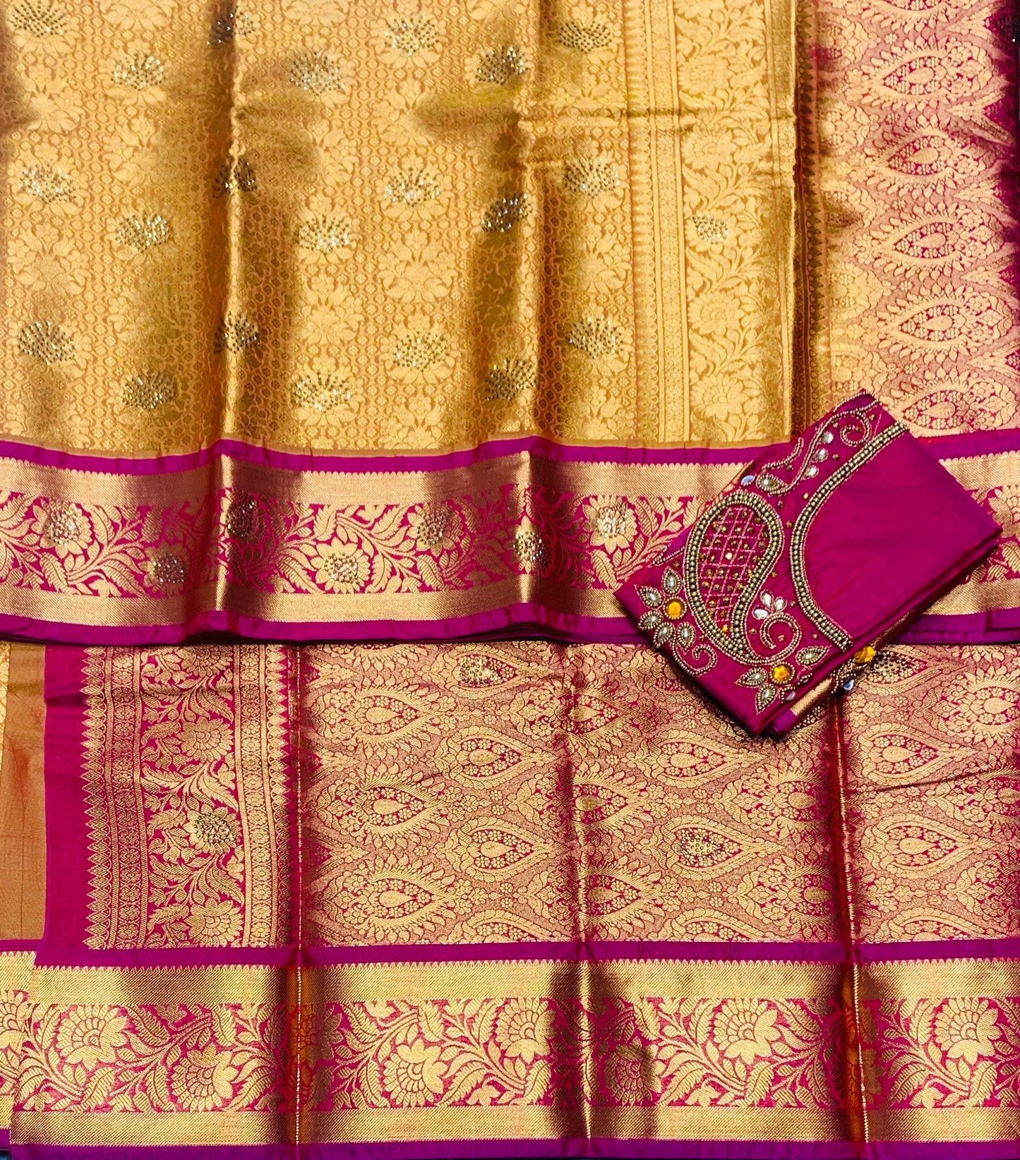 Bridal Vegan Silk Saree Golden Yellow shade with Pink Border with Unstitched blouse in Aari Work