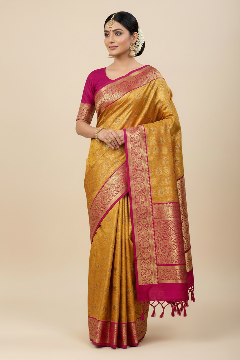 Bridal Vegan Silk Saree Golden Yellow shade with Pink Border with Unstitched blouse in Aari Work