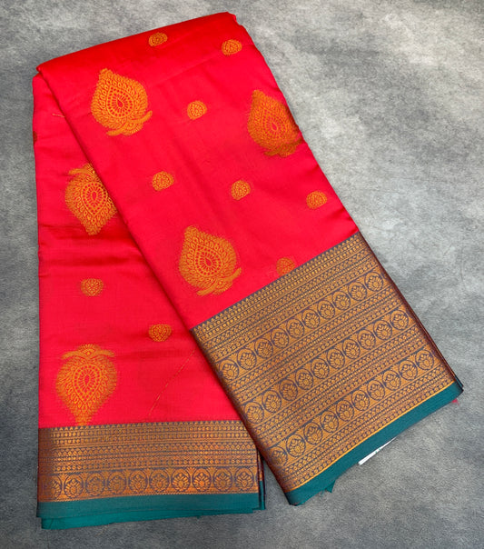 Soft Silk Casual Saree Peach Pink Colour with Rama Green and Golden Colour Border