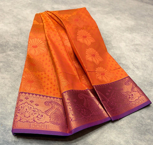 Vegan Silk Saree Light Orange Colour with Blue and Copper Border