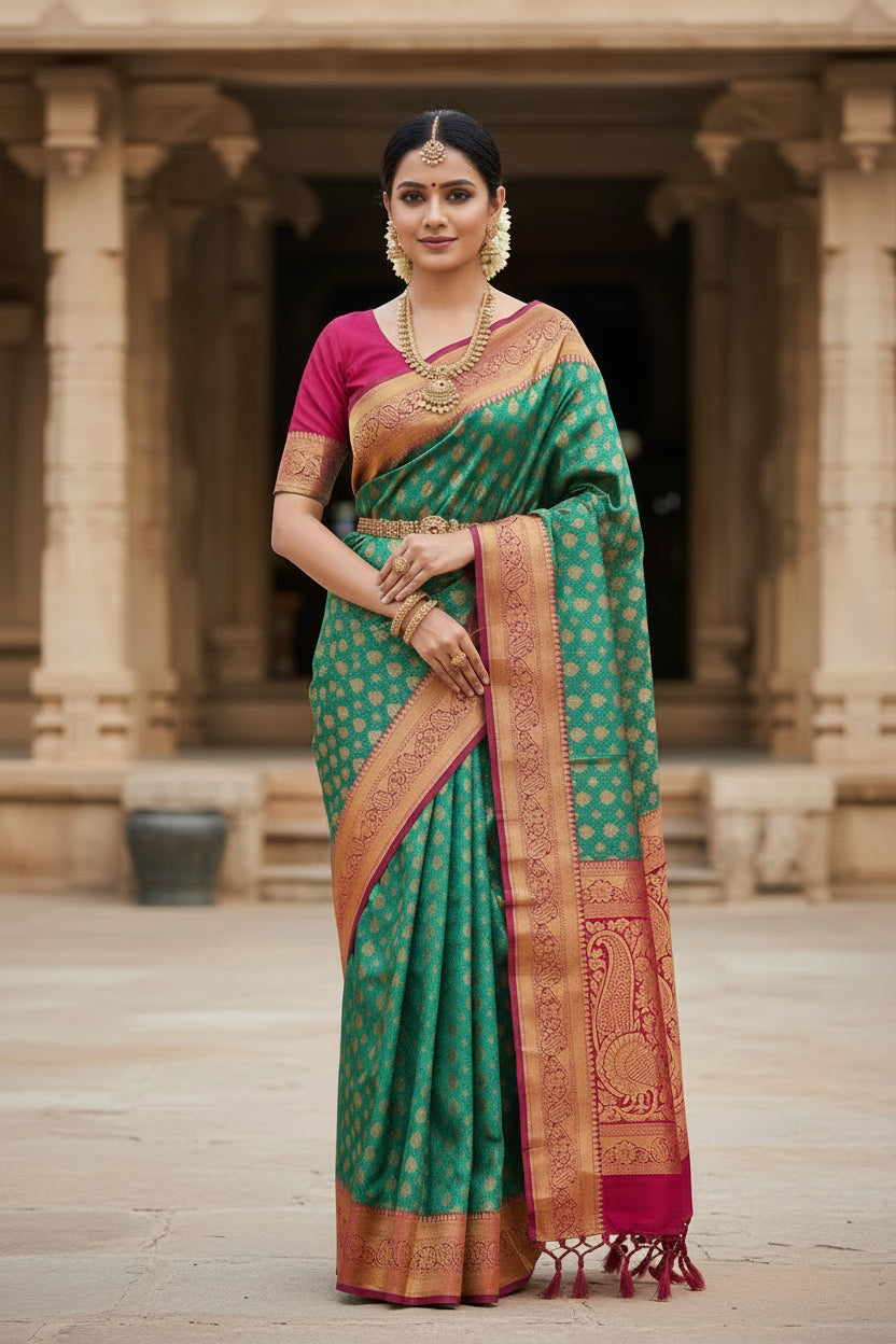 Vegan Silk Saree Light Green Colour with Pink and Copper Border