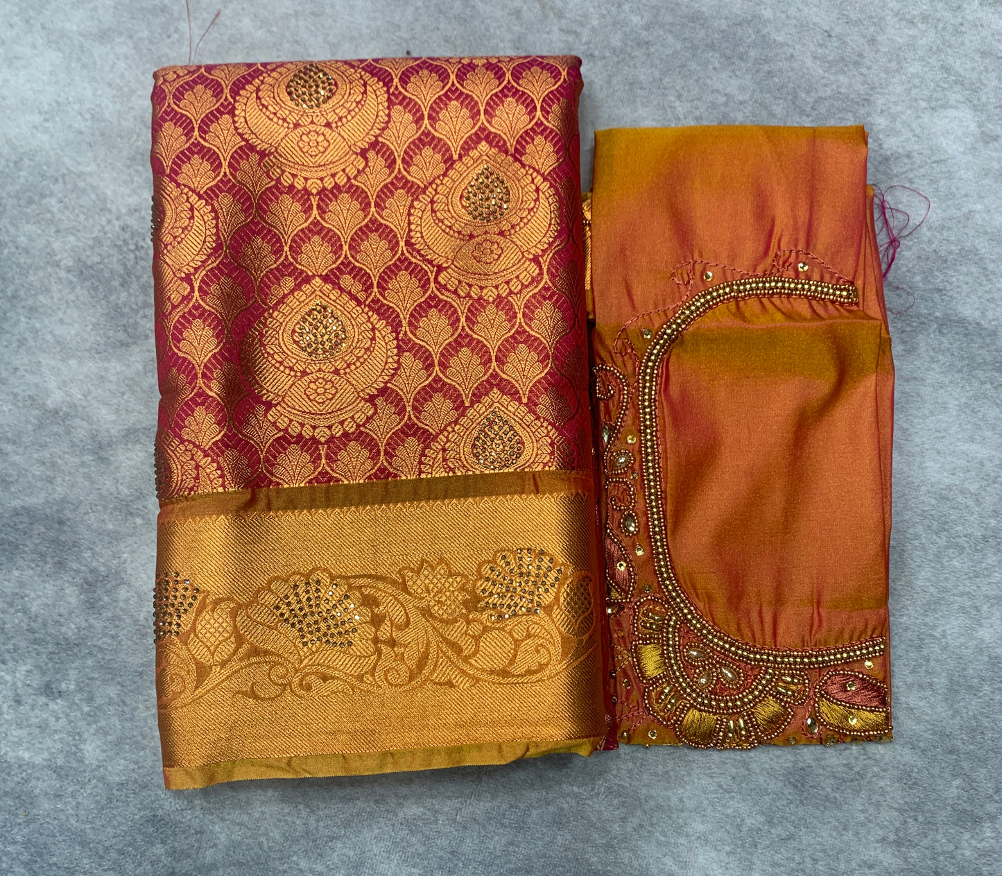Bridal Vegan Silk Saree Pink shade with Golden Yellow Border with Unstitched blouse in Aari Work
