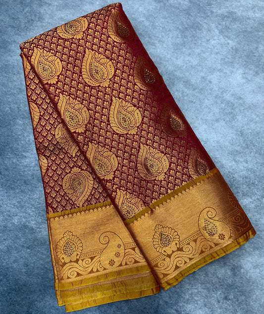 Vegan Silk Saree Maroon Colour with Copper and Golden Yellow Border