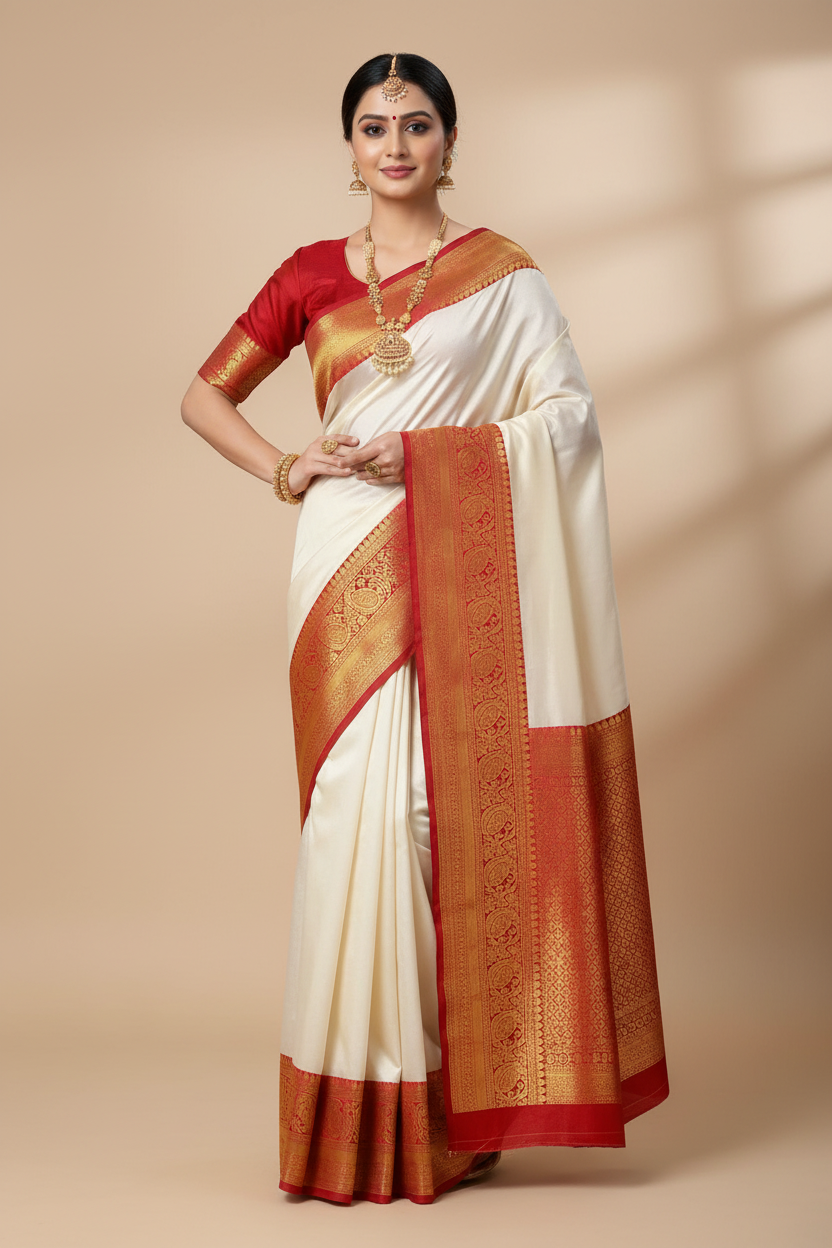 Pure Kanchipuram Silk Saree White Colour with Red Colour Border