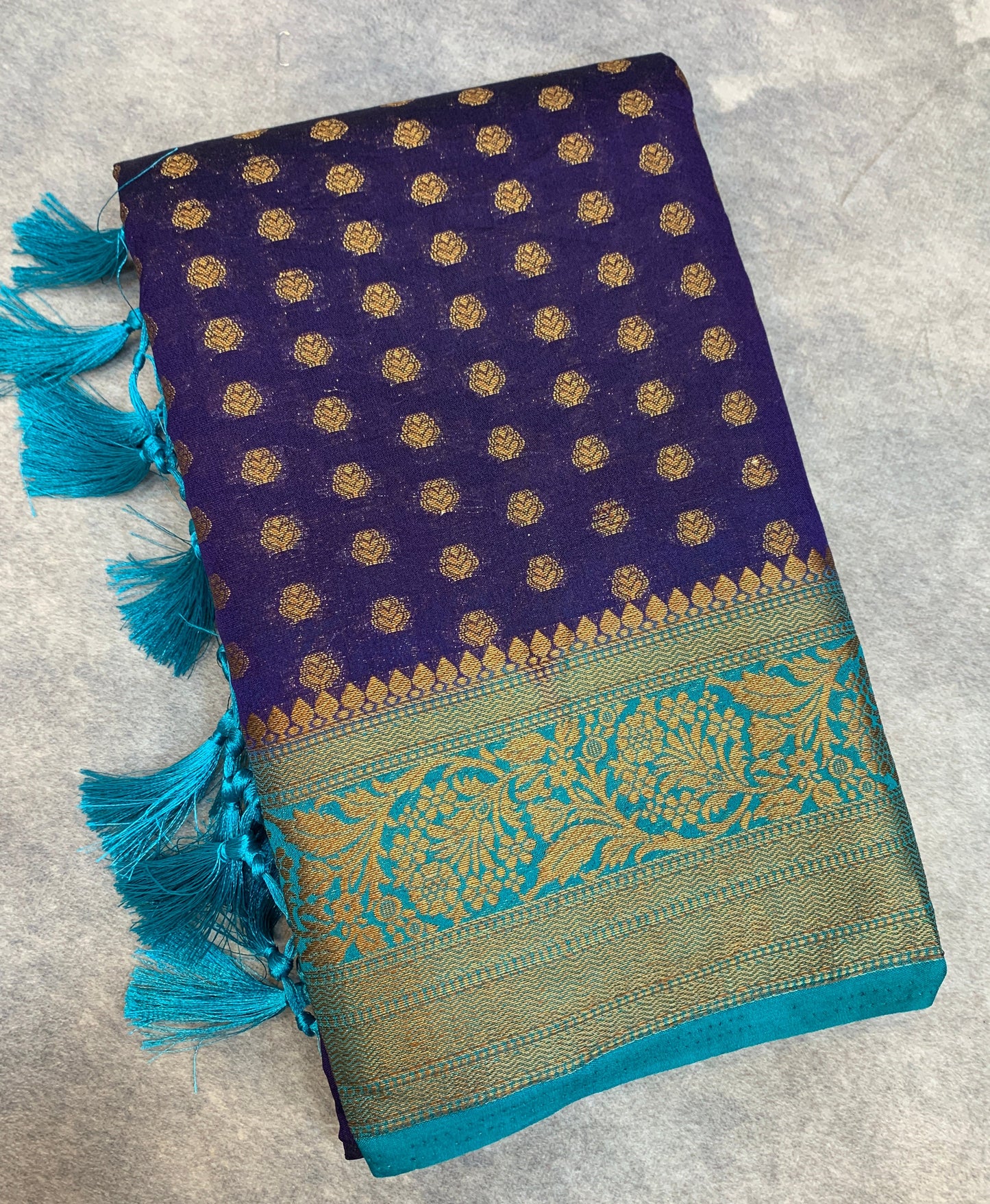 Crepe Saree Navy Blue Colour with Sky Blue Border