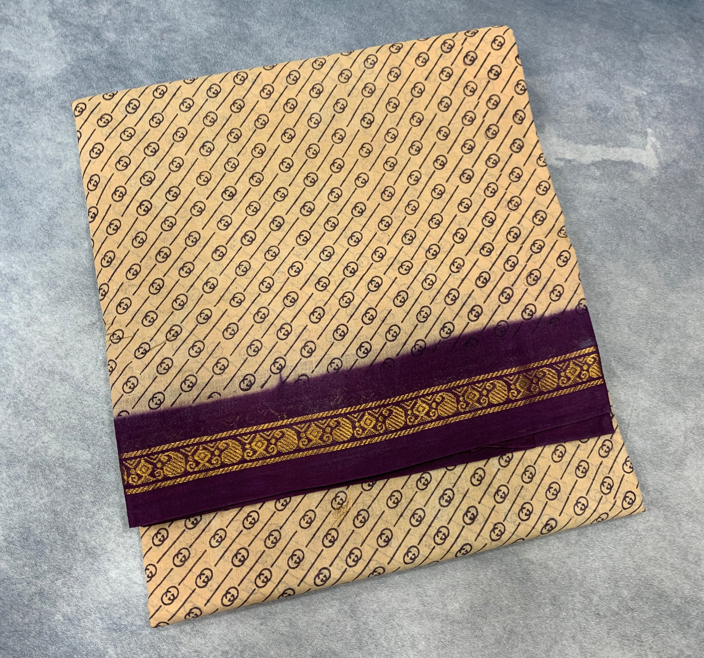 9 yards Cotton Saree Sandal Colour with Dark Purple Border