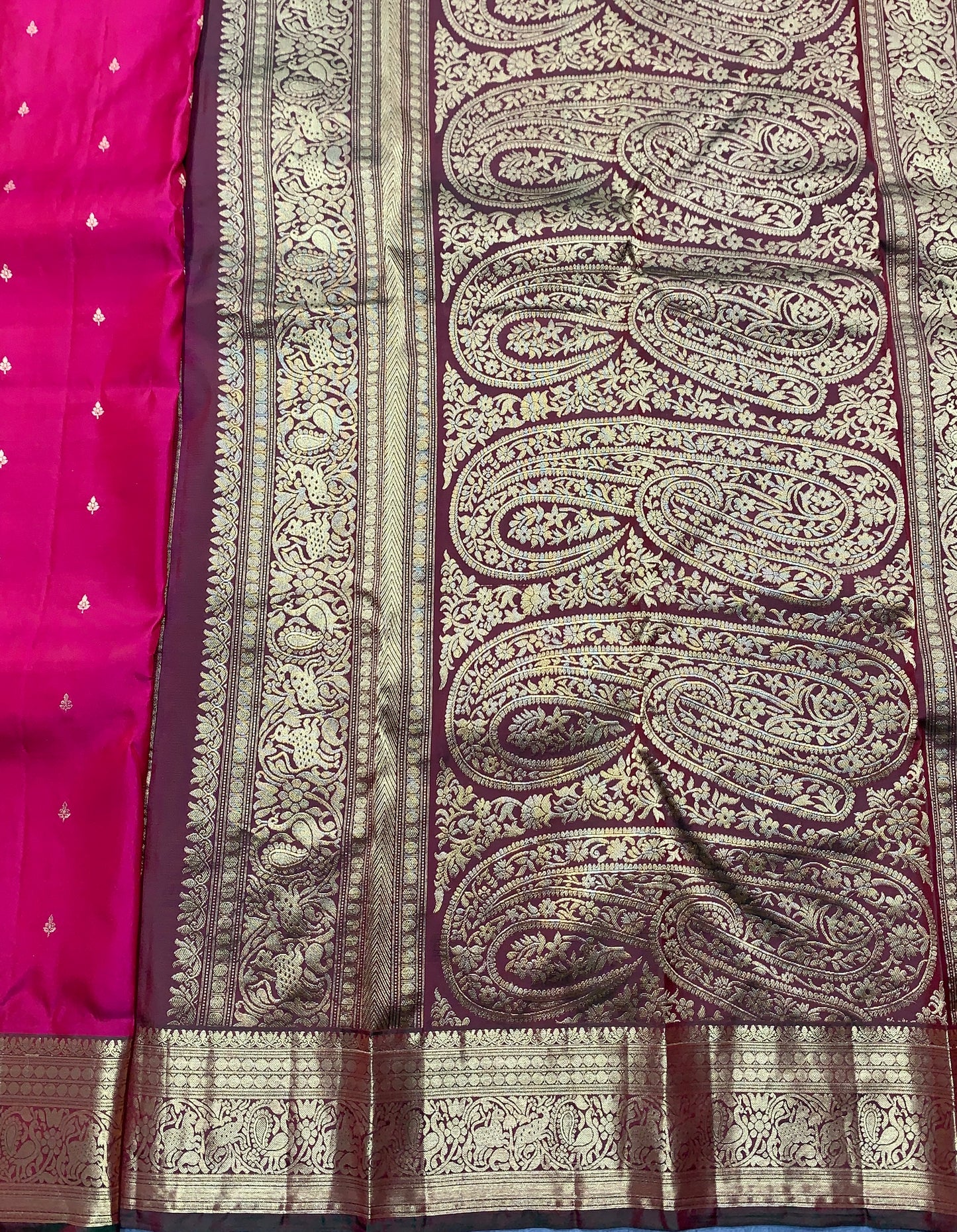 Pure Kanchipuram Silk Saree Pink Colour with Contrasting Coffee Brown Border and Gold Detailing