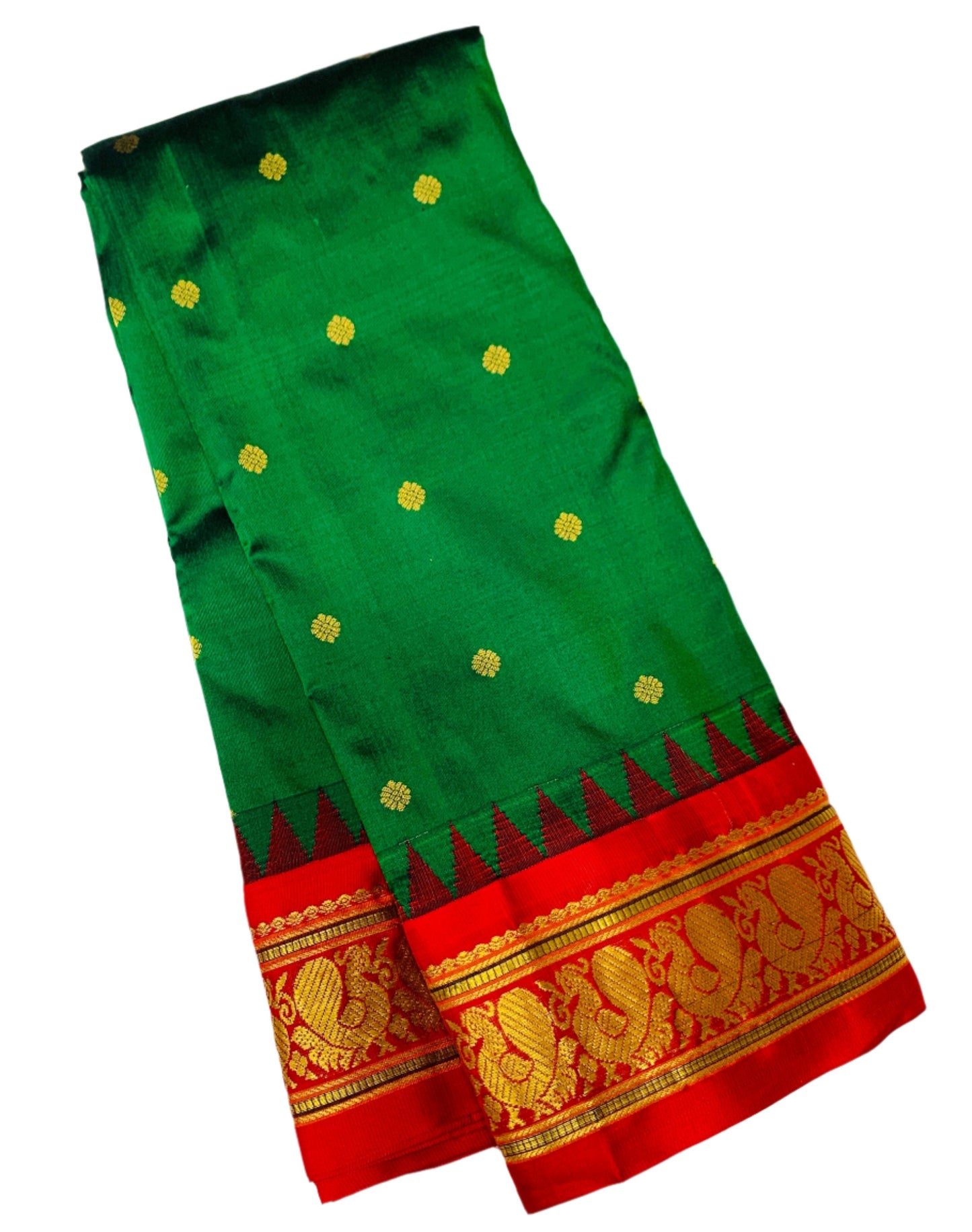 Pure Kanchipuram Silk Saree Green Colour with Contrast Red Annam Border