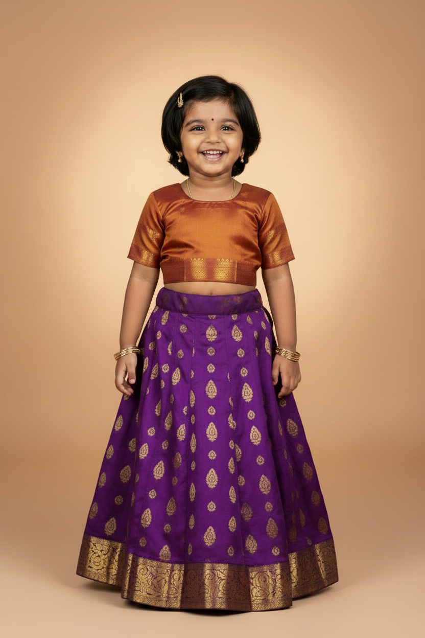 Magenta Shade Pure Kanchipuram Kids Pattu Pavadai with Contrast Border for Newborn to 2 Years
